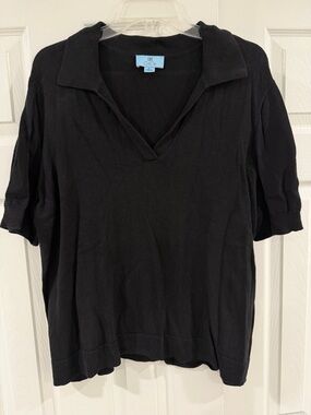 CeCe Black Short-Sleeve V-Neck Polo Sweater